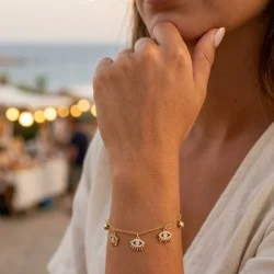 Bracelet œil protecteur cristaux acier inoxydable doré délicat ajustable élégant chic